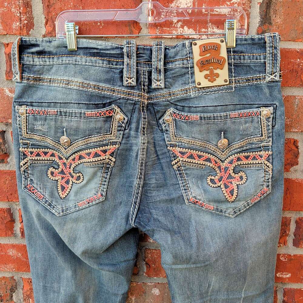 Rock Revival Hamish Alt Straight Jeans Mens 38 Blue Thick Stitch Embroidered